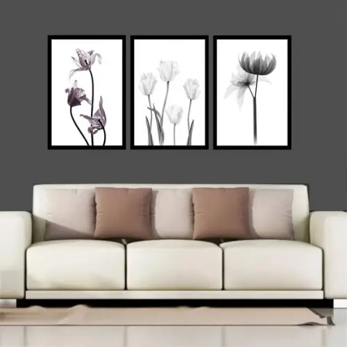 Kit 3 Quadros Decorativos Flores Preto e Branco Conjunto