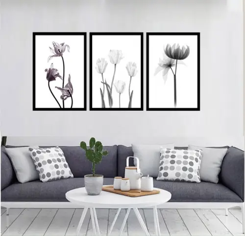 Kit 3 Quadros Decorativos Flores Preto e Branco Conjunto