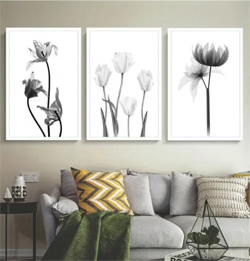 Kit 3 Quadros Decorativos Flores Preto e Branco Com Moldura