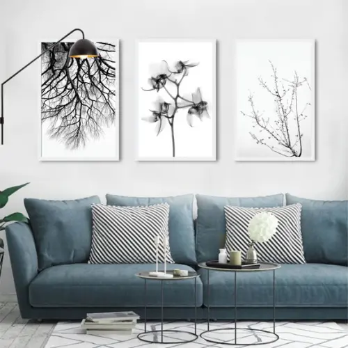 Kit 3 Quadros Decorativos Flores Preto e Branco Sala Moldura