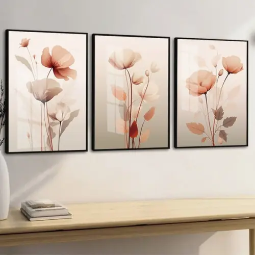 Kit 3 Quadros Decorativos Flores Rosa com Moldura e Vidro