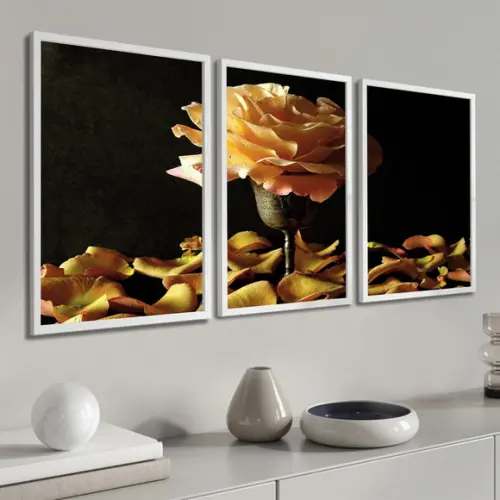 Kit 3 Quadros Decorativos Flores Rosa Amarela Com Moldura