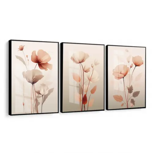 Kit 3 Quadros Decorativos Flores Rosa com Moldura e Vidro