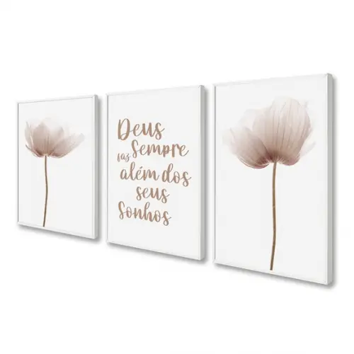 Kit 3 Quadros Decorativos Flores Rosa Frases Oração Moldura