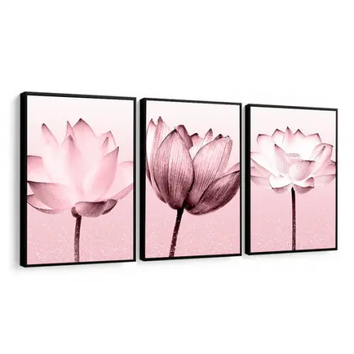 Kit 3 Quadros Decorativos Flores Rosa Para Sala Com Moldura