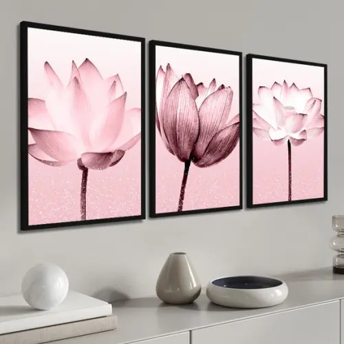 Kit 3 Quadros Decorativos Flores Rosa Para Sala Com Moldura