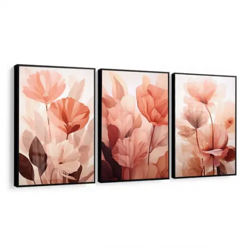 Kit 3 Quadros Decorativos Flores Rosas com Moldura e Vidro