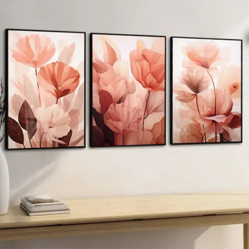 Kit 3 Quadros Decorativos Flores Rosas com Moldura e Vidro