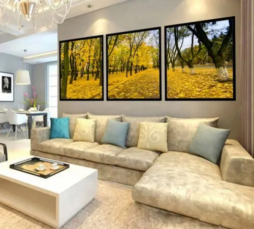 Kit 3 Quadros Decorativos Floresta Amarela Paisagem Conjunto