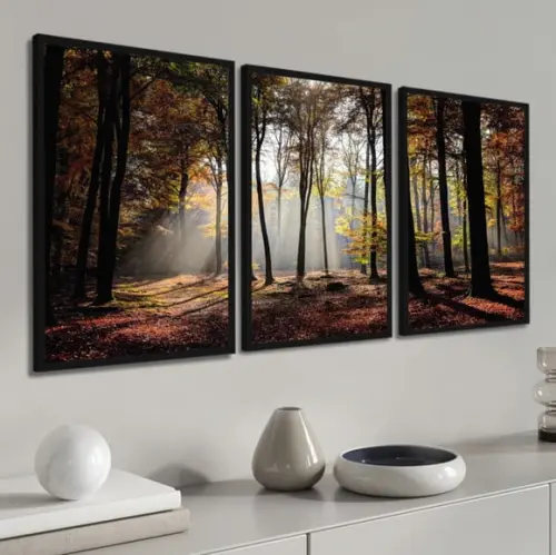 Kit 3 Quadros Decorativos Floresta Paisagem Arvore Moldura