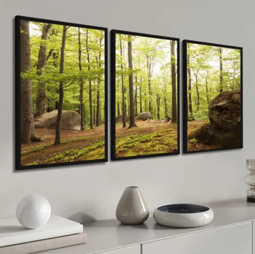 Kit 3 Quadros Decorativos Floresta Verde Paisagem Moldura