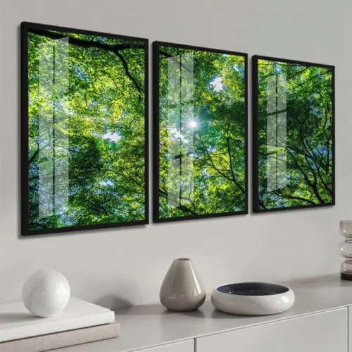 Kit 3 Quadros Decorativos Florestas Verdes Moldura e Vidro