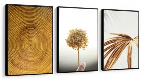 Kit 3 Quadros Decorativos Folhagem Abstrato Dourado Moldura