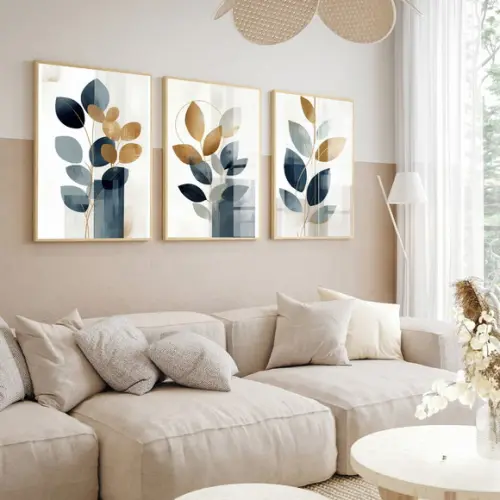 Kit 3 Quadros Decorativos Folhagem Abstrato Azul com Vidro
