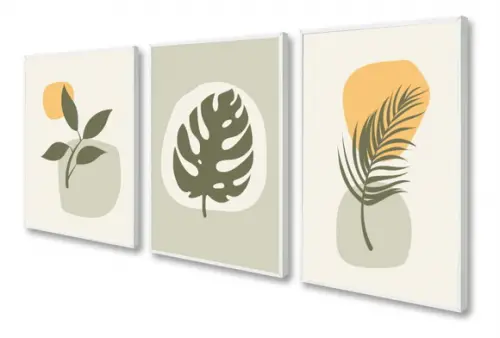 Kit 3 Quadros Decorativos Folhagem Abstrato Moderno Moldura