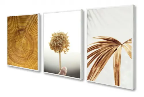 Kit 3 Quadros Decorativos Folhagem Abstrato Gold Com Moldura