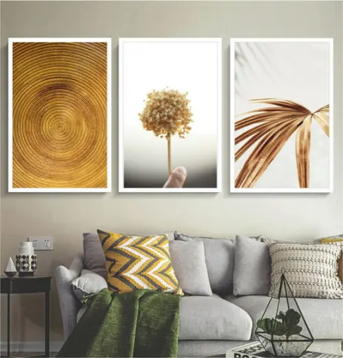 Kit 3 Quadros Decorativos Folhagem Abstrato Gold Com Moldura