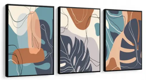 Kit 3 Quadros Decorativos Folhagem Abstrato Moderno Moldura