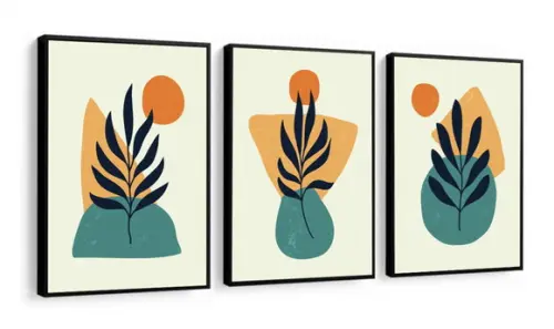 Kit 3 Quadros Decorativos Folhagem Abstrato Moderno Moldura