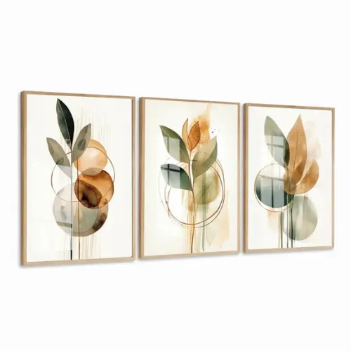 Kit 3 Quadros Decorativos Folhagem Abstrato Moldura e Vidro