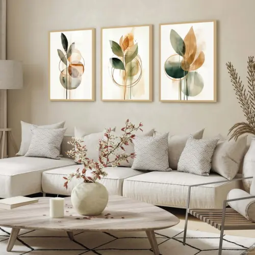 Kit 3 Quadros Decorativos Folhagem Abstrato Moldura e Vidro