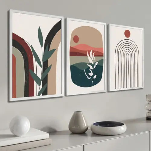 Kit 3 Quadros Decorativos Folhagem Abstrato Vermelho Moldura