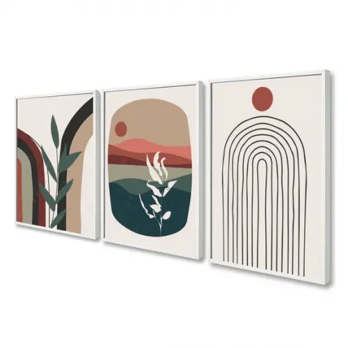 Kit 3 Quadros Decorativos Folhagem Abstrato Vermelho Moldura