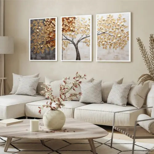 Kit 3 Quadros Decorativos Folhagem Arvore Abstrato Moldura