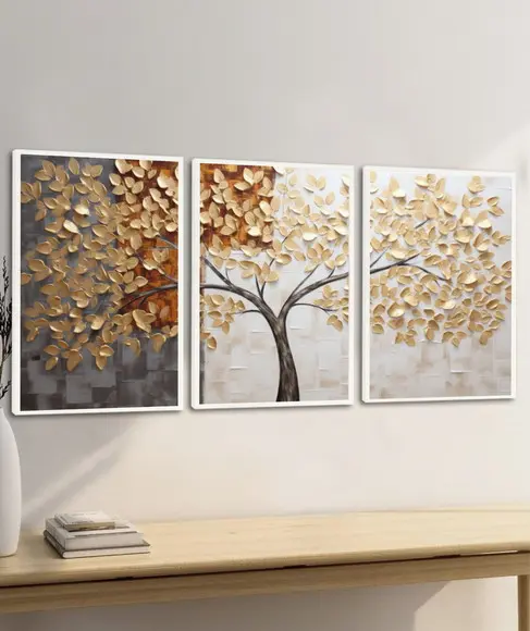 Kit 3 Quadros Decorativos Folhagem Arvore Abstrato Moldura