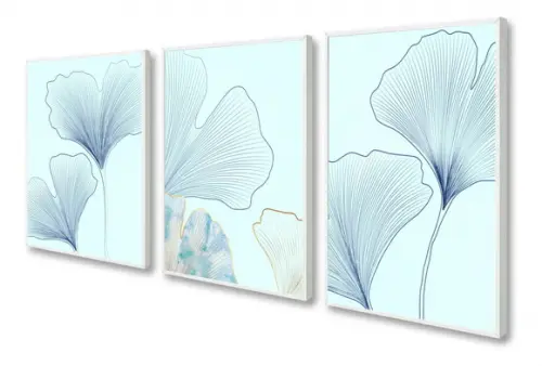 Kit 3 Quadros Decorativos Folhagem Azul Dourada Com Moldura