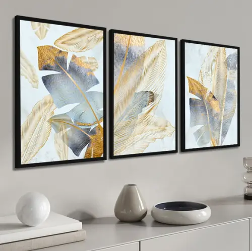 Kit 3 Quadros Decorativos Folhagem Azul Dourada Com Moldura