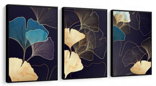 Kit 3 Quadros Decorativos Folhagem Azul Dourada Com Moldura