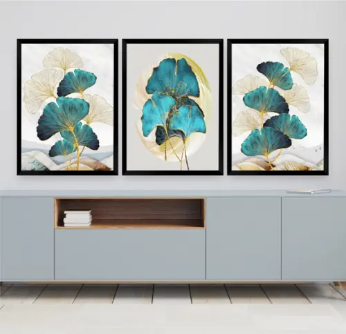 Kit 3 Quadros Decorativos Folhagem Azul Gold Flores Moldura