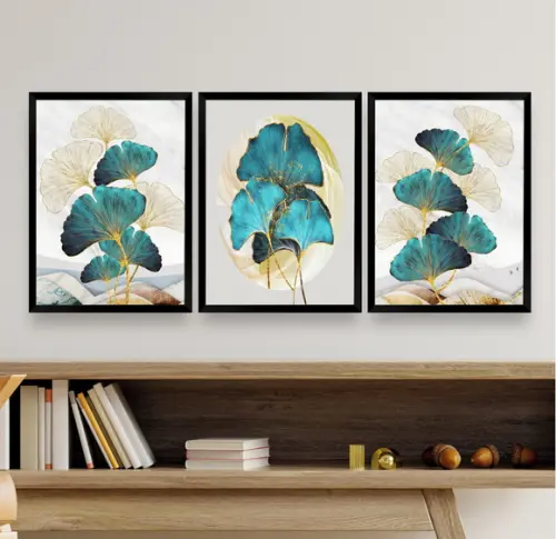 Kit 3 Quadros Decorativos Folhagem Azul Gold Flores Moldura