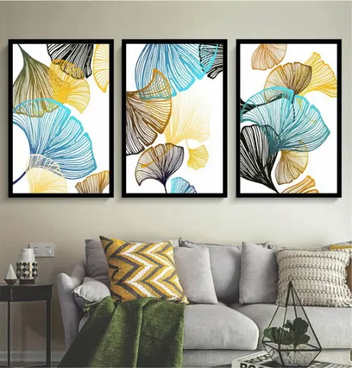 Kit 3 Quadros Decorativos Folhagem Azul Gold Moderno Moldura