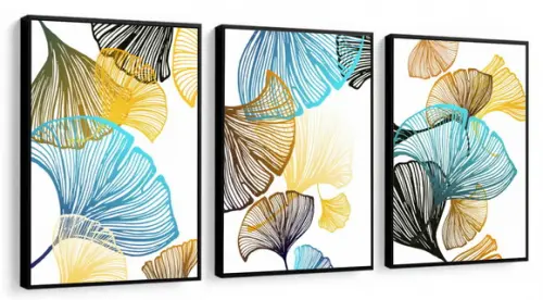Kit 3 Quadros Decorativos Folhagem Azul Gold Moderno Moldura
