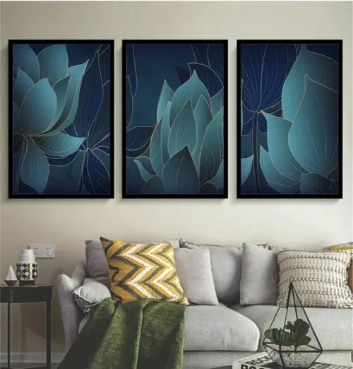 Kit 3 Quadros Decorativos Folhagem Azul Moderno Com Moldura