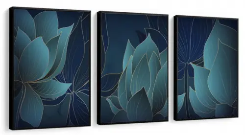 Kit 3 Quadros Decorativos Folhagem Azul Moderno Com Moldura