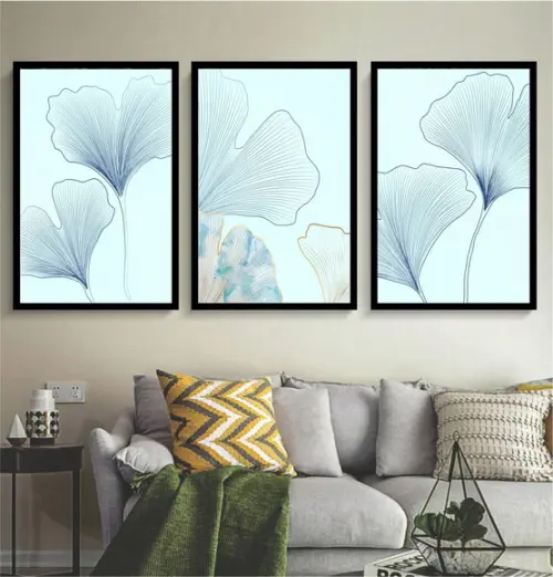 Kit 3 Quadros Decorativos Folhagem Azul Moderno Com Moldura