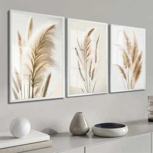 Kit 3 Quadros Decorativos Folhagem Bege Boho Moldura e Vidro