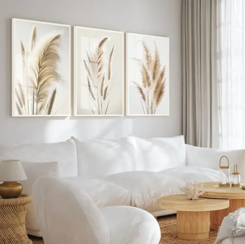 Kit 3 Quadros Decorativos Folhagem Bege Boho Moldura e Vidro