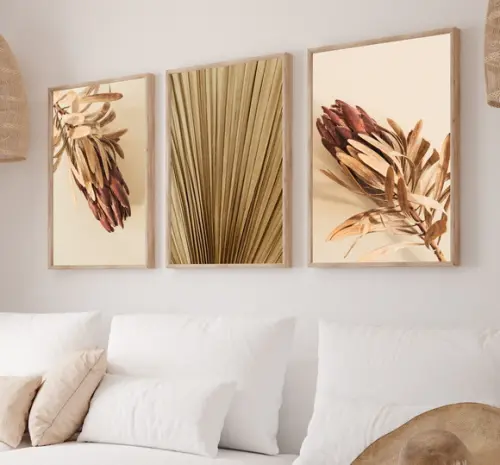 Kit 3 Quadros Decorativos Folhagem Bege Para Sala Moldura