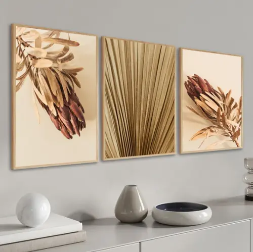 Kit 3 Quadros Decorativos Folhagem Bege Para Sala Moldura
