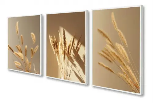 Kit 3 Quadros Decorativos Folhagem Bege Moderno Com Moldura