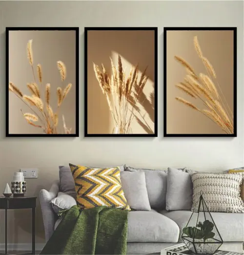 Kit 3 Quadros Decorativos Folhagem Bege Para Sala Moldura