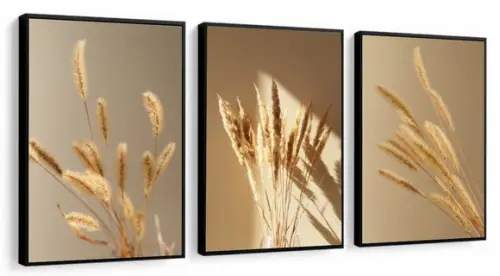 Kit 3 Quadros Decorativos Folhagem Bege Para Sala Moldura