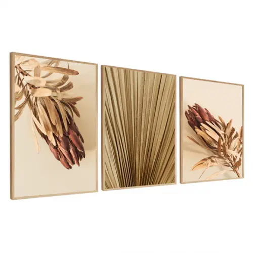 Kit 3 Quadros Decorativos Folhagem Bege Para Sala Moldura
