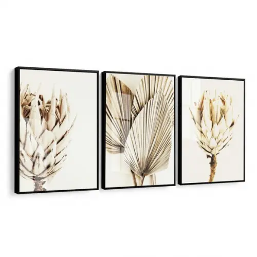 Kit 3 Quadros Decorativos Folhagem Bege Sala Moldura E Vidro