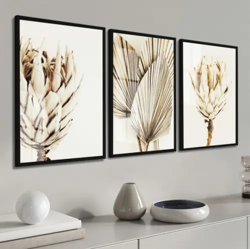 Kit 3 Quadros Decorativos Folhagem Bege Sala Moldura E Vidro