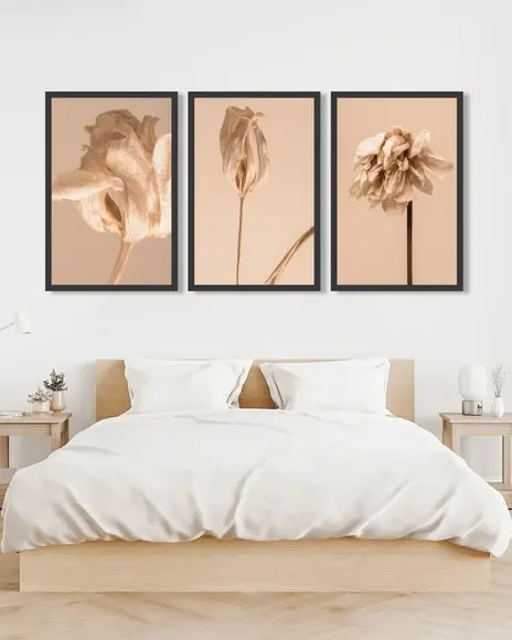 Kit 3 Quadros Decorativos Folhagem Bege Para Sala Moldura